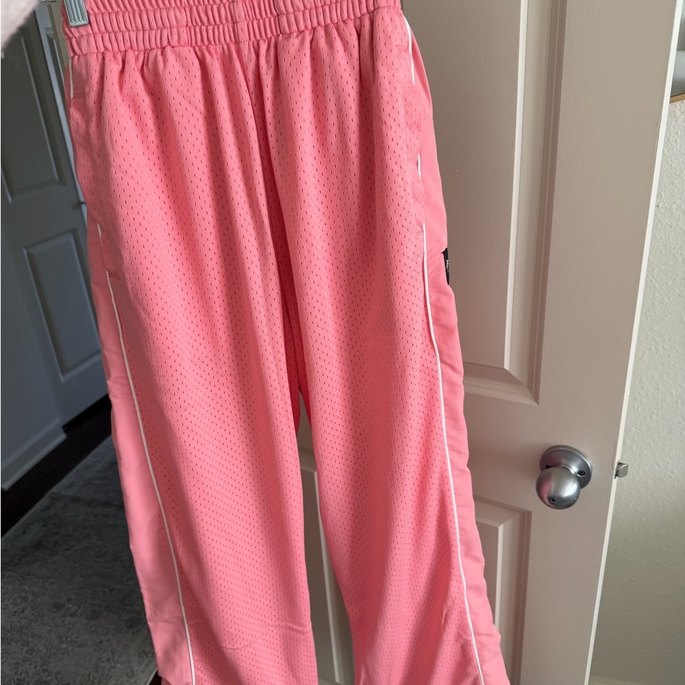 Women's Pink Mesh Oversized Pants with White Piping